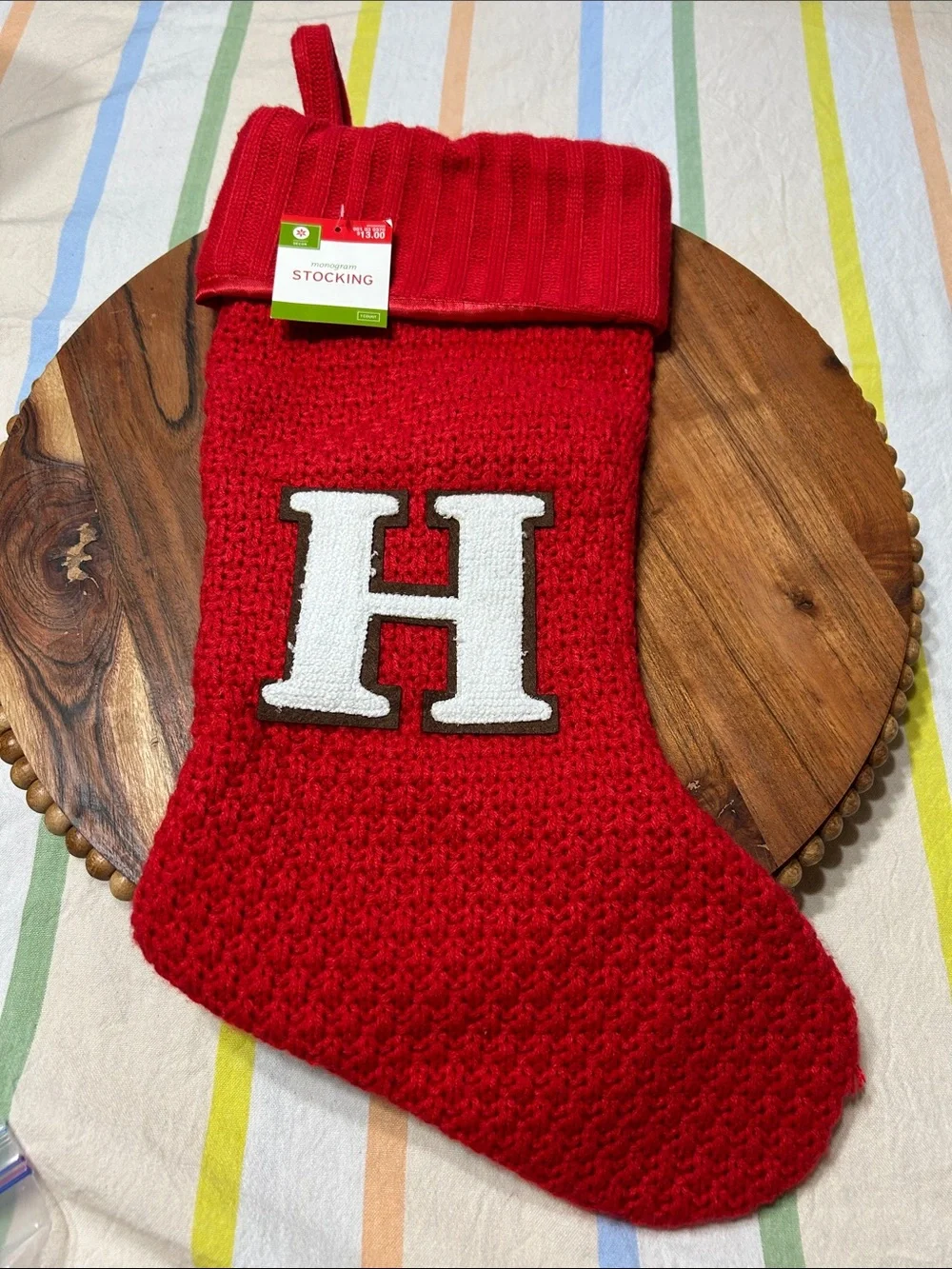 Red Thick Knitted Lined Holiday Christmas Stocking with Monogrammed Letter H NWT